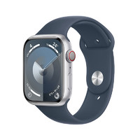 Apple 苹果 Watch Series 9 智能手表 GPS+蜂窝网络款 45mm 银色铝金属表壳 风暴蓝色橡胶表带 S/M