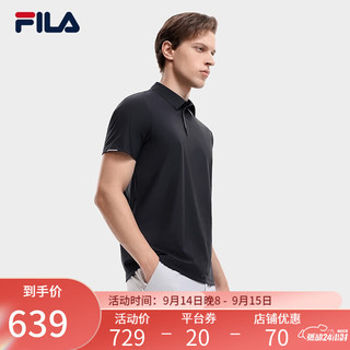 FILA 斐乐 官方男子针织短袖POLO衫2023秋季简约凉感商务休闲上衣 正黑色-BK 165/88A/S