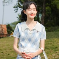 Bo Ka Qi 帛卡琪 2023新款格子撞色短袖冰丝针织衫女学院风polo衫短款上衣夏