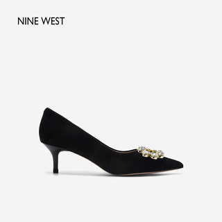 NINE WEST/玖熙宴会单鞋女反绒方扣水钻尖头高跟鞋 NH365006SK 黑色36