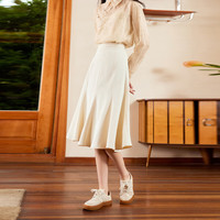 秋水伊人A字高腰中长款半身裙秋季女装小个子显瘦伞裙 米色 L