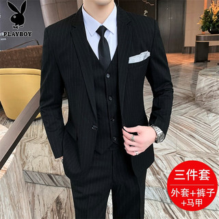 花花公子西服套装男三件套职业正装小西装商务绅士伴郎服新郎结婚外套男装 黑色 M