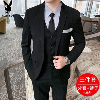 花花公子西服套装男三件套职业正装小西装商务绅士伴郎服新郎结婚外套男装 黑色 M