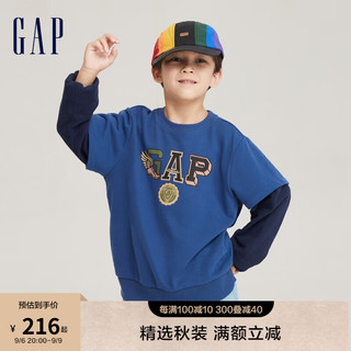 Gap男童秋季2023LOGO法式圈织软卫衣785333儿童装休闲上衣 蓝黑拼接 150cm(XL)