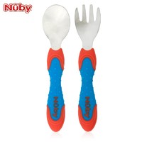 Nuby/努比宝宝不锈钢叉勺组 儿童勺子叉子餐刀两件套 圆角处理 不锈钢叉勺组-蓝红