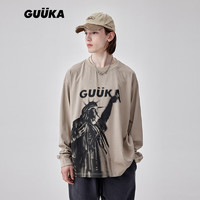 古由卡（GUUKA）美式复古重磅纯棉长袖T恤男潮秋季 坏大廓形上衣宽松百搭 浅杏T7735 XL