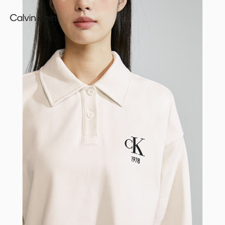 卡尔文·克莱恩 Calvin Klein Jeans23早秋女士校园风植绒字母半襟POLO领纯棉卫衣J222301 YBI-牛乳白 XS