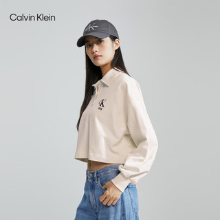 卡尔文·克莱恩 Calvin Klein Jeans23早秋女士校园风植绒字母半襟POLO领纯棉卫衣J222301 YBI-牛乳白 XS