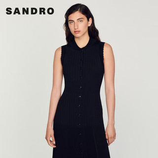 SANDRO女装法式花边袖修身长款针织连衣裙SFPRO03189 黑色 36