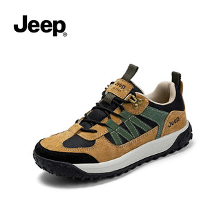 Jeep（吉普）冬女鞋复古厚底德训鞋户外登山鞋休闲运动鞋老爹鞋子男 黑黄绿 38