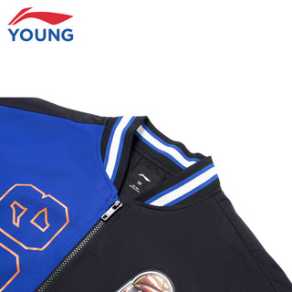 李宁童装儿童夹克男大童篮球系列款棒球领宽松挺括有型潮酷百搭运动外套YJDT011-1黑色中蓝色170