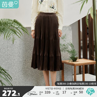 茵曼（INMAN）绒感坑条半身裙女松紧高腰宽松A字显瘦中长裙18332086 浓咖啡 XL