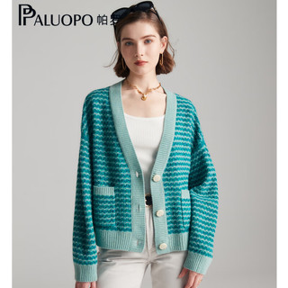 帕罗（PALUOPO）纯羊绒开衫女式撞色提花V领针织保暖百搭上衣外搭 青绿兰金 2XL/115