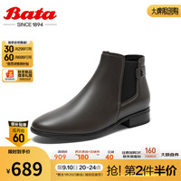 Bata短筒靴女商场英伦风羊皮粗跟通勤切尔西靴AFH57CD3 深灰 37