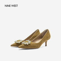 NINE WEST/玖熙宴会单鞋女反绒方扣水钻尖头高跟鞋 NH365006SK 杏色35