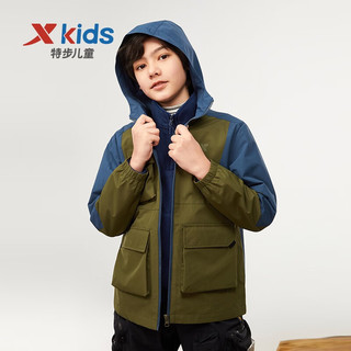 特步（XTEP）童装儿童双层风衣中大童男童梭织薄外套上衣开衫 暖军绿 130cm