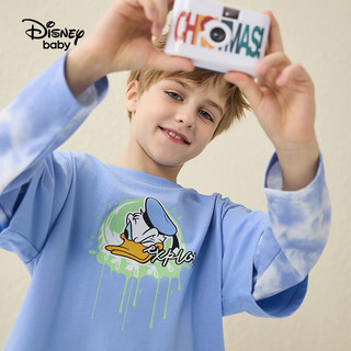 迪士尼（Disney）童装男童针织假两件长袖T恤装儿童时尚休闲上衣帅气潮 冰川蓝 110