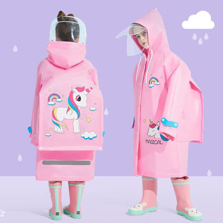 KeyRu 儿童雨衣男童女童小学生全身防水带书包位卡通雨披粉独角兽XL