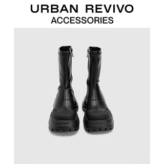 URBAN REVIVO女潮酷拼接烟筒靴厚底中筒靴UAWS32238 黑色 35