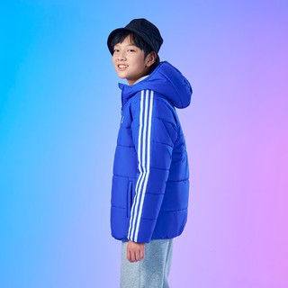 adidas 阿迪达斯 轻运动男大童儿童冬季保暖三条纹运动连帽棉服 半荧光蓝 128CM