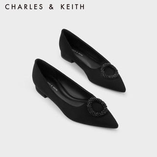 CHARLES&KEITH金属饰浅口尖头时尚单鞋女CK1-70900484 BLACK TEXTURED黑色纹理 38