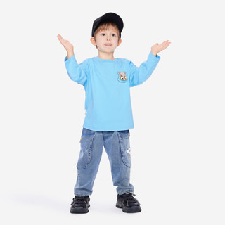 安奈儿童装男童圆领长袖针织T恤秋简约舒适可爱小熊章仔上衣 天空蓝 100cm