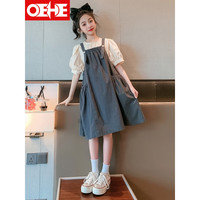 PLUS会员：OEHE 女童棉布背带裙套装夏季新款中大童女孩短袖T恤连衣裙儿童两件套 灰色 160cm