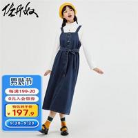 佐丹奴连衣裙秋季纯棉牛仔腰带收腰无袖背带连衣裙女13463661 77深蓝 M