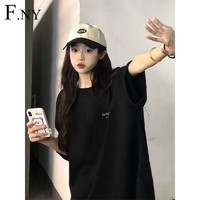 F.NY 100%纯棉短袖美式t恤女高级感宽松简约oversize重磅纯棉t恤夏