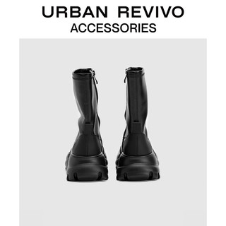 URBAN REVIVO女潮酷拼接烟筒靴厚底中筒靴UAWS32238 黑色 37