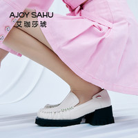 AJOY SAHU 艾珈莎琥皱褶厚底粗跟头层皮拼色乐福鞋一脚蹬制服鞋