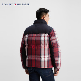 TOMMY HILFIGER男装格纹拼接立领合身保暖面包服铺棉外套33432 藏青红白格子0KP XS