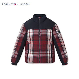 TOMMY HILFIGER男装格纹拼接立领合身保暖面包服铺棉外套33432 藏青红白格子0KP XS