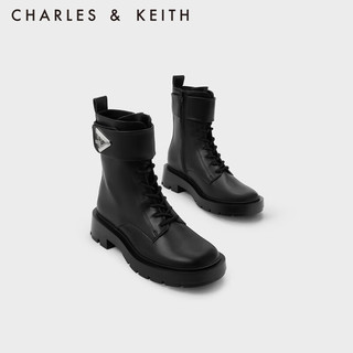 CHARLES&KEITH英伦风机车靴系带马丁靴子女靴CK1-90900123 Black黑色 36