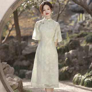 新中式连衣裙春季轻款少女气质优雅荷叶袖改良旗袍 3XL 绿色