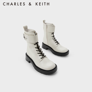 CHARLES&KEITH英伦风机车靴系带马丁靴子女靴CK1-90900123 粉白色Chalk 38