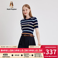 Hush Puppies暇步士女装彩虹条纹修身显瘦纯棉针织短袖 196深蓝 XS