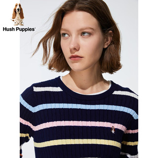 Hush Puppies暇步士女装2024春季彩虹条纹复古绞花纯棉修身针织衫 118白色 XS