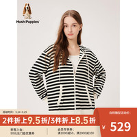 Hush Puppies暇步士女士休闲宽松版华夫格条纹连帽慵懒风家居外套卫衣 388黑白 XS