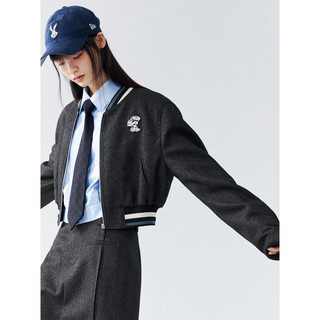 太平鸟美式复古短款棒球服女装时尚细格纹棒球夹克外套 深灰 M