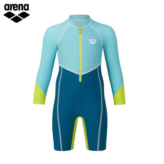 阿瑞娜（arena）季连体长袖防晒多色拼接泳衣男女童泳装套装 蓝色/深绿色（SXDG） 130(130/65)