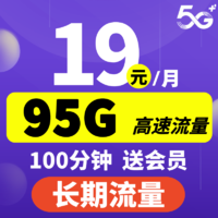 中国电信 沧川卡 19元月租（95G流量+100分钟通话+送视频会员）激活返现20元