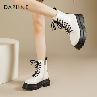 达芙妮（DAPHNE）马丁靴女英伦风厚底复古短靴秋冬小个子粗跟黑色单靴 米白色 35