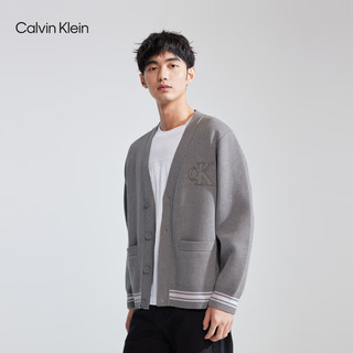 Calvin Klein  Jeans23秋冬新款男士学院字母提花拼色纽扣V领针织开衫J324407 P2D-椰青灰