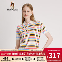 Hush Puppies暇步士女装季纯棉复古撞色条纹针织短袖Polo衫 318粉白 XL