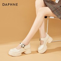 DAPHNE 达芙妮 玛丽珍鞋女2023新款粗跟单鞋高跟厚底松糕小皮鞋白色结婚鞋