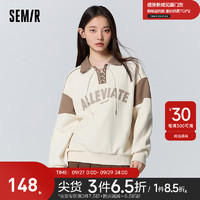 森马（Semir）森马卫衣女抓绒字母印花拼色宽松冬季华夫格polo领上衣文艺复古风 白咖色调00415 160/84A/M