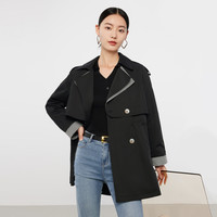 annakro系列春季气质翻领格纹拼接抽绳宽松女式风衣 S 素黑