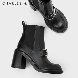 CHARLES&KEITHSL1-91900006时尚金属粗高跟切尔西靴女 Black黑色 34