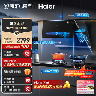 海尔（Haier）抽油烟机燃气灶 侧吸式变频烟灶套装  26立方大吸力 挥手智控 家用厨房抽烟机EC911UD+Q2BE2天